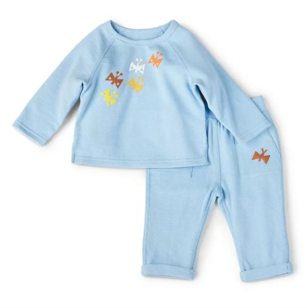 New! Christian Robinson Butterfly Print Long Sleeve Top & Bottoms Blue